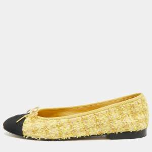 مملوكة مسبقًا Chanel CC Size 41 Black/Yellow Canvas and Tweed Bow Cap Toe Ballet Flats