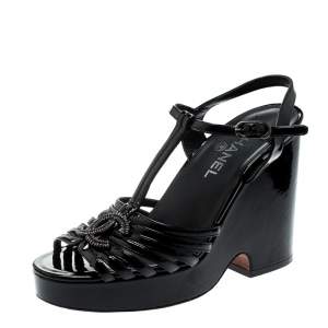 Chanel Black Patent Leather T-Strap CC Logo Wedge Platform Sandals Size 40