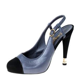 Chanel Purple Leather And Black Canvas Cap Toe Slingback Platform Sandals Size 38.5