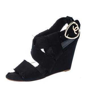 Chanel Black Canvas Wedge Open Toe Ankle Strap Sandals Size 40.5