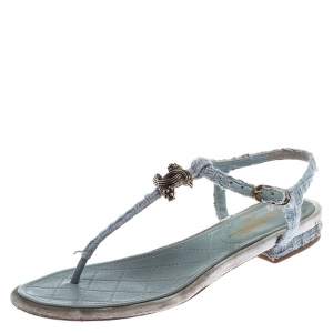 Chanel Light Blue Tweed Fabric CC Thong Sandals Size 37.5