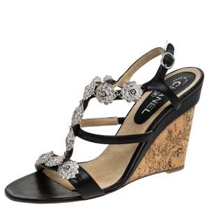 Chanel Black Leather Embellished Wedge Strappy Sandals Size 40.5