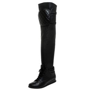 Chanel Black Quilted Leather Knee Length Boots Size 37.5