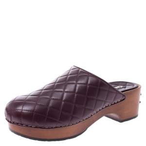 Chanel Burgundy Quilted Leather CC Wooden Platform Clogs Size 38