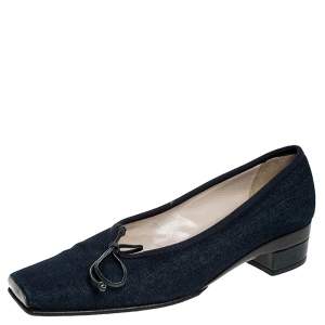 Pre Owned Chanel Blue Denim Fabric Trim Block Heel Bow Detail Pumps Size 38.5