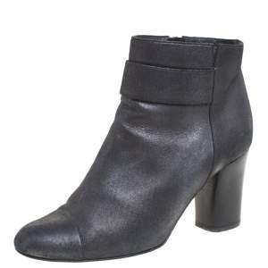 Chanel Metallic Black Nubuck CC Logo Block Heel Ankle Boots Size 38.5