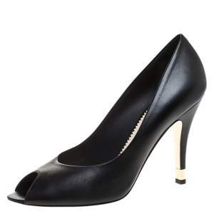 Pre Owned حذاء كعب عالي شانيل كعب CC مقدمة مفتوحة جلد أسود مقاس 38