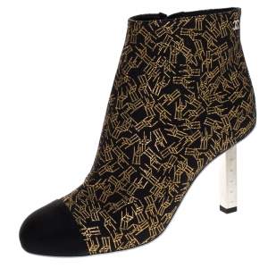 Chanel Black/Gold Printed Fabric Cap Toe Ankle Boots Size 36.5