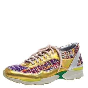Pre Owned Chanel Multicolor Tweed and Patent Leather Lace Up Sneakers Size 38