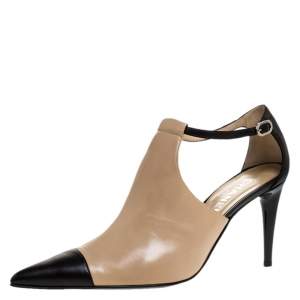 Chanel Black/Beige Leather CC Cap Toe Ankle Strap Booties Size 40