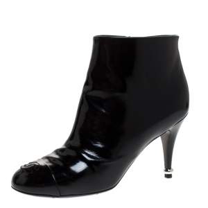 Chanel Black Patent Leather Cap Toe CC Ankle Boots Size 39.5