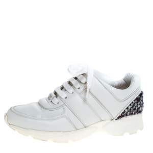 Pre Owned Chanel White Leather And Tweed Trim CC Low Top Sneakers Size 36.5