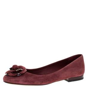 Pre Owned Chanel Burgundy Suede And Patent Leather Camellia Ballet Flats Size 36