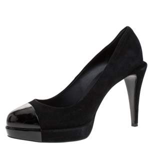 Pre Owned Chanel Dark Black Suede and Black Patent Leather Cap Toe Platform Pumps Size 40
