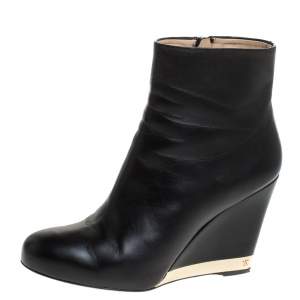 Chanel Black Leather Round Toe Wedge Boots Size 39.5