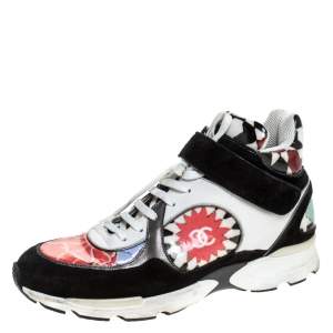 Pre Owned Chanel Multicolor Printed PVC and Leather CC Strap High Top Sneakers Size 40.5