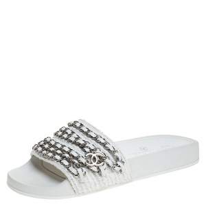 Chanel White Tweed Fabric CC Chain Embellished Flat Slides Size 35