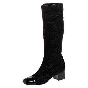 Chanel Black Shimmery Nylon Cap Toe Boots Size 41