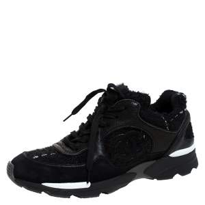 Pre Owned Chanel Black Tweed Fabric and Suede CC Lace Up Sneakers Size 37