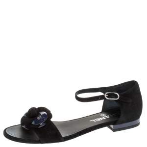 Chanel Black/Purple Suede And Patent CC Camellia Ankle Strap Flat Sandals Size 36.5