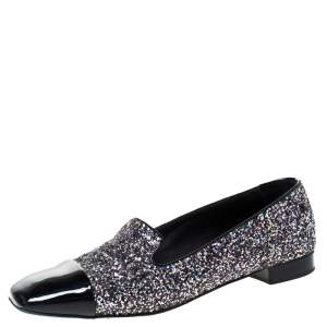 Pre Owned Chanel Black Patent Leather and Glitters Smoking Slippers Size 41.5
