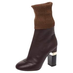 Chanel Burgundy/Brown Kangaroo Leather And Sock Ankle Boots Size 38