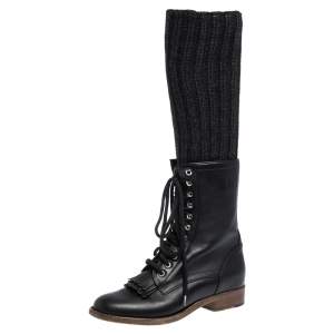  Chanel Black Leather And Knit Fabric Sock Combat Boots Size 38