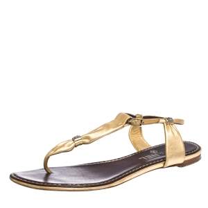 Chanel Metallic Gold Leather Thong Flat Sandals Size 38.5