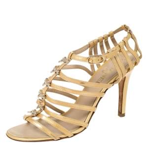 Chanel Beige Patent Leather Bow Embellished Cage Sandals Size 38
