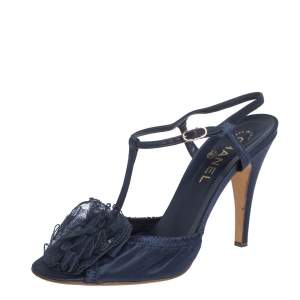 Chanel Blue Satin Flower Embellished Scrunch Peep Toe Ankle Strap Sandals Size 40