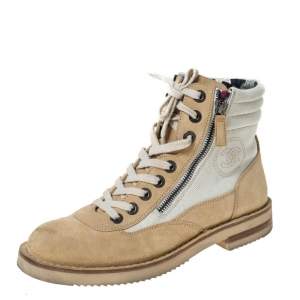  Chanel Beige Suede And White CC Canvas Combat 2x Zip Lace Up Boots Size 38