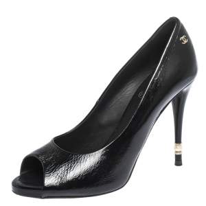 Pre Owned Chanel Black Patent Leather CC Pearl Embellished Heel Peep Toe Pumps Size 40.5