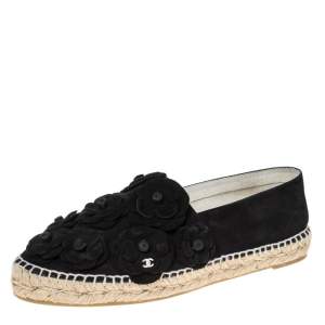 Pre Owned Chanel Black Suede Leather CC Camellia Flower Espadrilles Flats Size 41