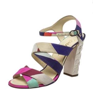 Chanel Multicolor Fabric Strappy Sculpture Heel Ankle Strap Sandals Size 38.5
