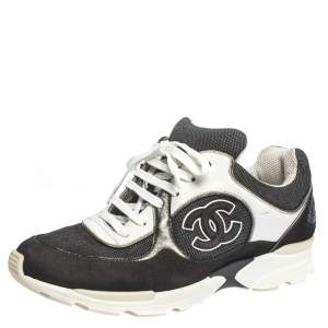 Pre Owned Chanel Blue Canvas And White Leather CC Low Top Sneakers Size 38.5