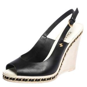 Chanel Black Leather Chain Link CC Wedge Slingback Sandals Size 39.5