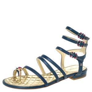 Chanel Blue Leather Embellished Toe Ring Gladiator Flat Sandals Size 36.5