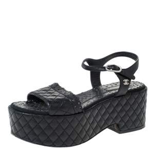 Chanel Black Quilted Leather CC Ankle Strap Platform Sandals Size 36