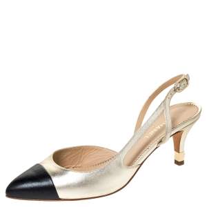 Chanel Gold/Black Leather Cap Toe Slingback Sandals Size 38