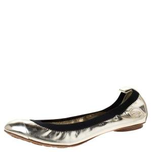 Pre Owned Chanel Gold/Black Patent Leather CC Scrunch Elastic Ballet Flats Size 38.5