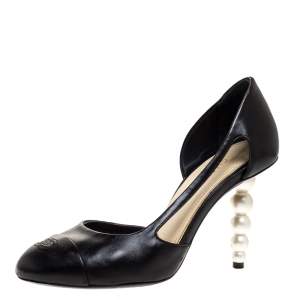 Pre Owned Chanel Black Leather Faux Pearl Heel Pumps Size 38