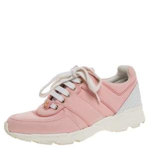 Pre Owned Chanel Pink Canvas And White Leather CC Lace Up Sneakers Size 36