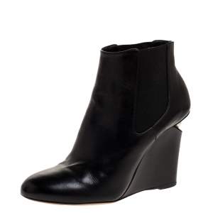 Chanel Black Leather Round Toe Pearl Embellished CC Wedge Boots Size 35.5