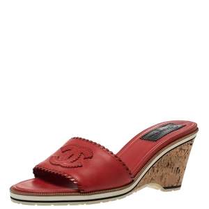 Chanel Red Leather CC Cork Wedge Open Toe Sandals Size 39.5