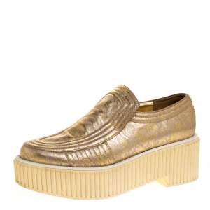 Pre Owned Chanel Gold Leather Creepers Slip on Platform Sneakers Size 39.5