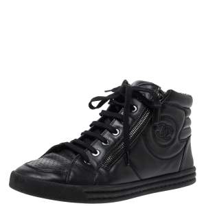 Pre Owned Chanel Black Leather Double Zip CC High Top Sneakers Size 40