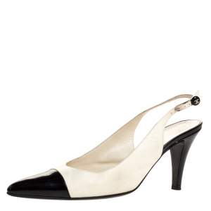 مملوكة مسبقًا Chanel White/Black Leather Pointed Toe Slingback Sandals Size 41.5