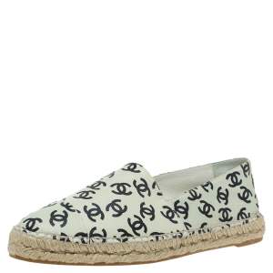 Pre Owned Chanel Cream Leather And Black CC Printed Espadrilles Size 42