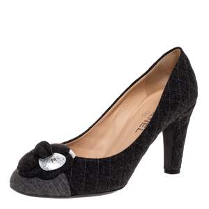 Pre Owned Chanel 2 Tone Quilted Wool CC Camellia Cap Toe Pumps Size 41