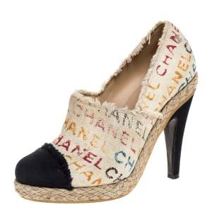 Pre Owned Chanel White Logo Printed  Canvas And Black Cap Toe Espadrilles Clogs Size 38.5